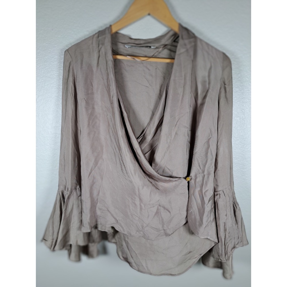 Zara Taupe Brown Wrap Blouse Ruffle Bell Sleeve Surplice Top Small DEN-638